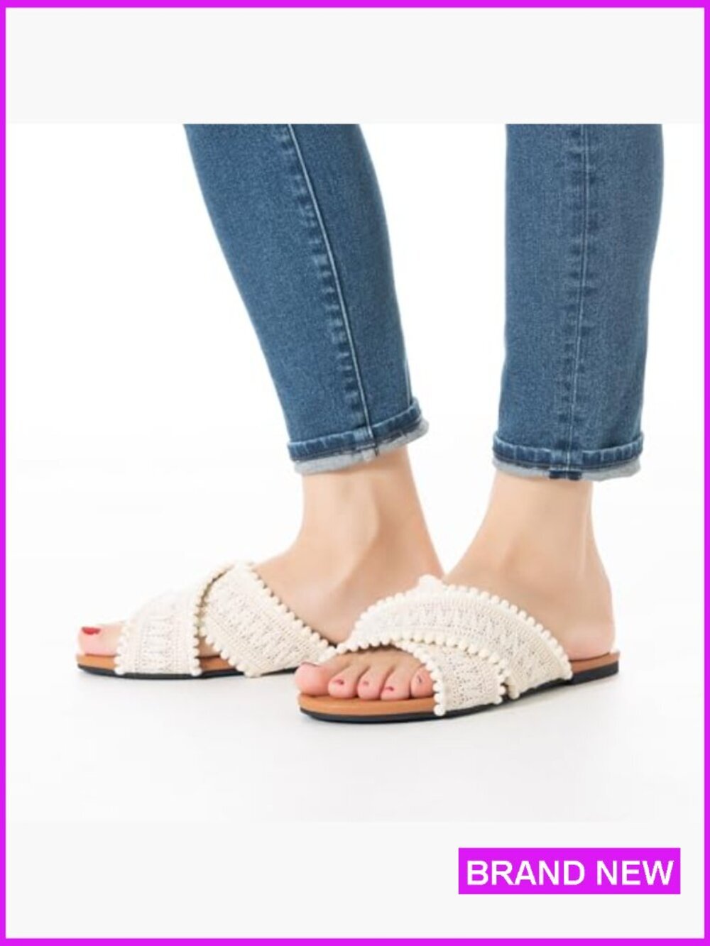 Women Crisscross Flat Sandals Woven Macrame Pom Pom Trim Slide Sandals - Picture 4 of 7